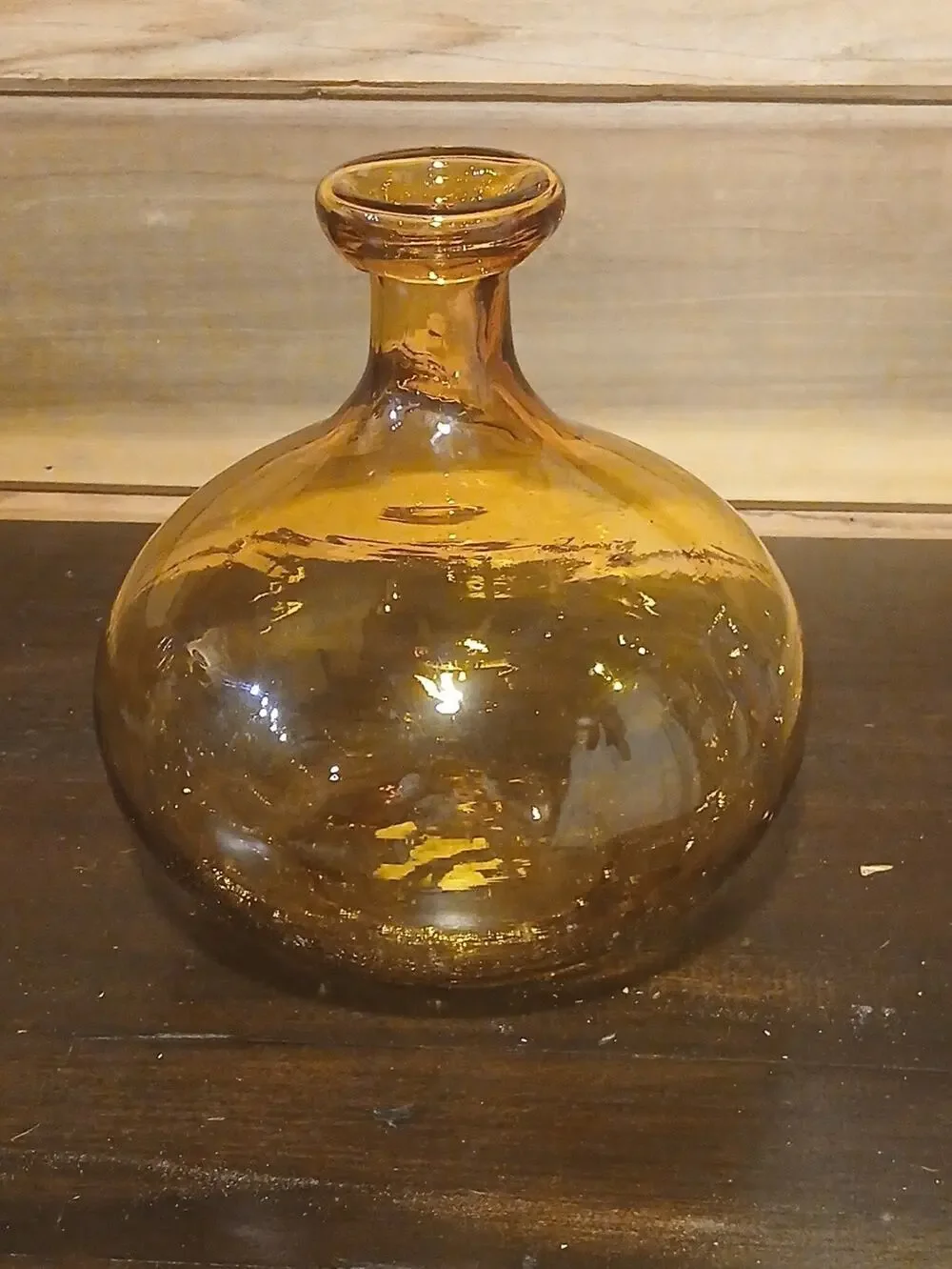 Vintage MCM Amber Crackle Glass Bubble Vase Squat Hand Blown 1960s Retro